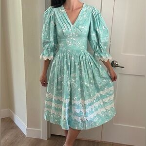Vintage Cottagecore Puff Sleeve Midi Dress – Lace Trim, Robin’s Egg Blue